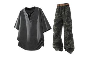 Повседневная спортивная одежда Unisex V-образный вырез Moderate X1617, серый short-sleeved+camouflage pants