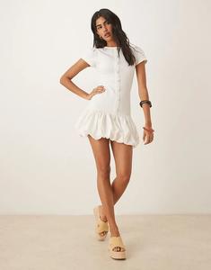 Мини-платье ASOS DESIGN с подолом-фонариком и застежкой на пуговицы в нейтральном цвете