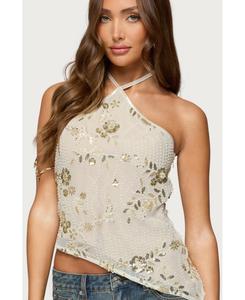 Женский асимметричный топ с бисером и пайетками Edikted, Beige
