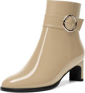 Женские ботильоны MODENCOCO с лакированной пряжкой, повседневные, для свадьбы, с молнией, с ремешком на щиколотке, с круглым носком, массивным низким каблуком 2 дюйма, Beige