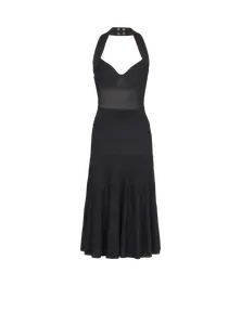 Платье-миди из трикотажа с плиссировкой и воротником-халтэр Balmain, черный/красный