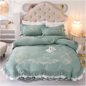 Generic Комплект постельного белья Love белый хлопковый с цветочной вышивкой и рюшами Green