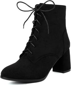 Женские модные ботильоны на шнуровке с комфортным круглым носком, высокой устойчивой подошвой, осень-зима, скучные каблуки, ботинки для платьев CSRZPMG, Black Lace Up Boots