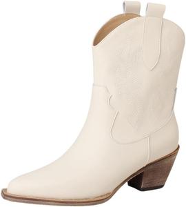 Женские ковбойские ботинки Niiyyjj в западном стиле с заостренным носком, толстым каблуком, короткие ботинки большого размера с вышивкой до щиколотки, Cream Color No Fleece