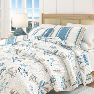 Двустороннее стеганое одеяло в полоску и с морским рисунком, с наволочками Linery & Co, Flag stripe / ocean stories