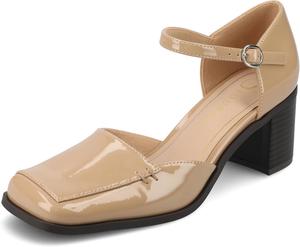Туфли Journee Collection для женщин с ремешком и пряжкой, открытым квадратным носком, массивным каблуком и подошвой с комфортной пеной Evangeline, Patent/Nude