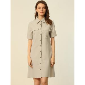 Женское платье-рубашка на пуговицах с воротником и коротким рукавом в стиле сафари с карманом и поясом ALLEGRA K