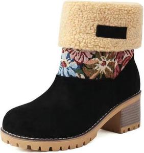 Женские ботинки выше щиколотки, удобные, на слипоны, зимние теплые с мехом, с массивным каблуком, вестерн, для широкой голени, ковбойские Generic, A10-Black