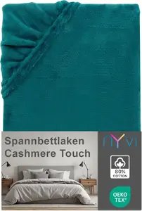 Простыня на резинке DreamScience Cashmere Touch 180 - 200x220 см, петроль, для матрасов высотой до 22 см - Бархатистая, мягкая и теплая простыня на резинке NYVI