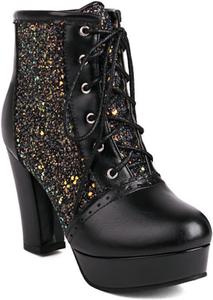 Женские модные ботильоны Aflngle с блестками, круглый носок, платформа, супер высокий каблук, шнуровка, лоскутный дизайн, сверкающие гранулы, массивный каблук, готические боевые ботинки, Black