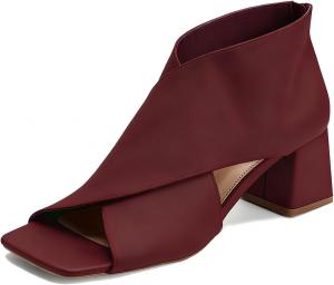 LEHOOR Women Chunky Heel Open Toe Booties Suede Side Cut-Out Ankle Boots Square Peep Toe 2 Inch Block Mid Heels Dress Heeled Sandal Booties Back Zipper Summer Casual Size 4-11 M US, Matte Dark Red
