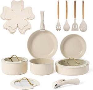 Набор керамических кастрюль и сковородок ONGIFT с антипригарным покрытием и съемной ручкой, 20 предметов, кремово-белый