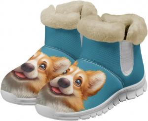 Женские зимние ботинки Howilath с принтом собак, уличные снегоступы с меховой подкладкой и противоскользящей подошвой, Corgi Dog- Blue