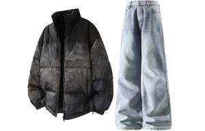 Повседневная спортивная одежда унисекс с воротником стойка, утепленная и с флисовой подкладкой X1617, темно-серый puffer jacket+fleece-lined синий pants