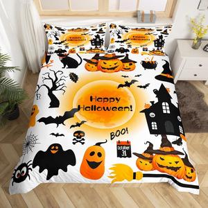 Erosebridal Комплект постельного белья Happy Halloween с костями, паутиной и летучими мышами в готическом стиле, Multi 01