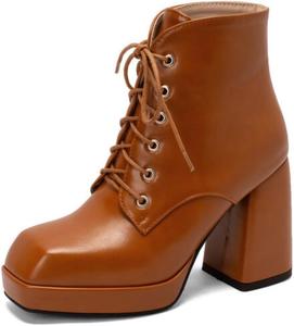 Женские ботильоны Aflngle на шнуровке с квадратным носком, массивным высоким каблуком, короткие, повседневные, в стиле панк, мотоциклетные, Brown