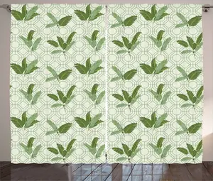 Штора ABAKUHAUS в стиле ретро, с геометрическим узором пальмовые листья, универсальная ленточная штора для гостиной с петлями и крючками, 280 x 245 см, оливково-зеленый кремовый