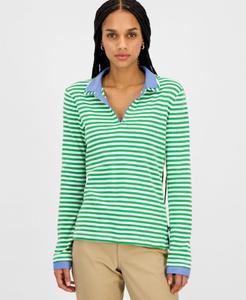 Женская полосатая хлопковая рубашка с двойным воротником и длинными рукавами Nautica Jeans, New Leaf Multi
