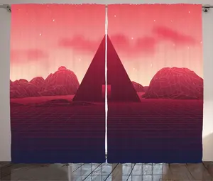 Штора ABAKUHAUS Пирамида в деревенском стиле, графика в стиле ретровейв, универсальные ленточные шторы для гостиной с петлями и крючками, 280 x 225 см, розовый и темно-лиловый Abakuhaus