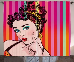 Штора ABAKUHAUS Art Rustic, синяя, с рисунком Женщина в стиле поп-арт, универсальная, для гостиной, с петлями и крючками, 280 x 175 см, цвет красная яичная скорлупа, разноцветный Abakuhaus