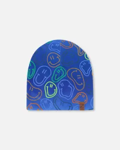 Эластичная трикотажная шапка-бини синего цвета с принтом в виде смайликов Deux Par Deux