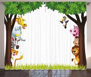 ABAKUHAUS Занавеска в деревенском стиле для детского сада, Trees Friendly Jungle, Универсальные ленточные шторы для гостиной с петлями и крючками, 280 x 245 см, Разноцветные
