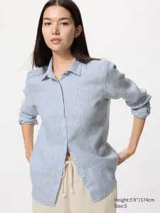 Льняная рубашка (в полоску) Uniqlo, 63 blue