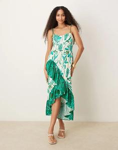 Платье Hope & Ivy мидакси с асимметричным лифом и завязками на плечах с зеленым принтом