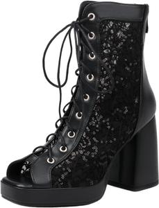 Женская мода: ботильоны с открытым носком на массивном каблуке 9,5 см, короткие многокрасочные с кружевами и платформой, офисный стиль LYYSKY, Black(5732)