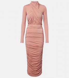 Рюшированное платье миди из джерси Balmain, Rose Nude
