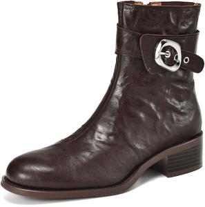 Женские ботинки TinaCus с круглым носком, ручной работы, пряжкой и молнией, на невысоком грубом каблуке, из натуральной кожи, повседневные, Brown