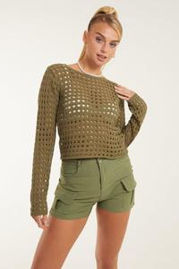 Топ с длинными рукавами, связанный крючком Pink Vanilla, хаки