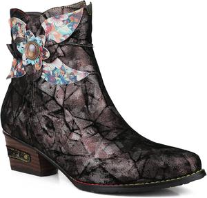 Женские ковбойские сапоги CrazycatZ в стиле бохо с широким каблуком, кожаные западные сапоги, яркие кожаные ботильоны, Black-B