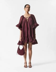 & Other Stories полупрозрачное мини-платье с рукавами-оборками и завязкой на шее бордового цвета