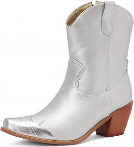 Женские короткие ковбойские ботильоны Alyaafifa с вышивкой, с низким каблуком на массивном блоке, закрытым заостренным носком, на подкладке, кожаные стильные винтажные удобные ботинки, C - Silver