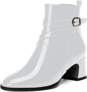 Женские офисные ботильоны MOVINSTEPS с пряжкой, милым круглым носком, ремешком на щиколотке, лаковой отделкой, массивным низким каблуком 2 дюйма, White