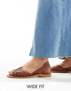 Светло-коричневые кожаные сандалии на плоской подошве широкого кроя ASOS Wide Fit Francisco