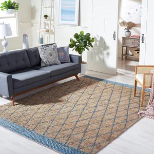 Ковер SAFAVIEH, 275 x 366 см, Natural Fiber Collection, Natural & Navy, ручной работы в стиле фермерский дом бохо прибрежный деревенский марокканский решетчатый джут, идеально для помещений с высокой проходимостью в гостиной, спальне (NF951N)