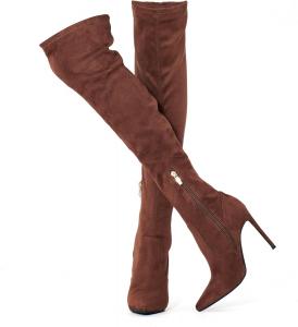 GENSHUO Женские сапоги выше колена с каблуком, замшевые ботфорты на высокую ногу, эластичные сексуальные сапоги с острым носком и шпилькой, Faux Suede Brown