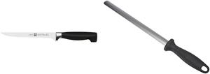 Филейный нож Zwilling Four Star, длина лезвия: 18 см, точильный брусок с алмазным покрытием, овальная форма, длина: 26 см, пластиковая рукоятка с петлей для подвешивания, черный