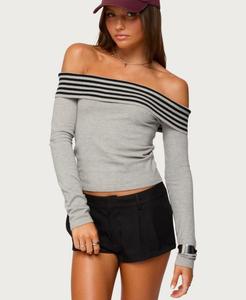 Женская трикотажная блузка Leetal в полоску с отворотом Edikted, Gray-melange