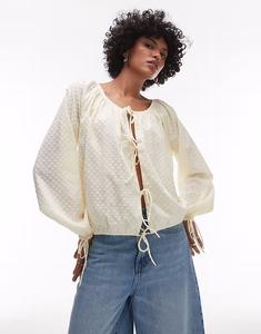 Топ Topshop с завязкой спереди и сборкой на шее цвета пахты