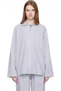 Tekla Пижамная рубашка с длинными рукавами из белого и синего поплина