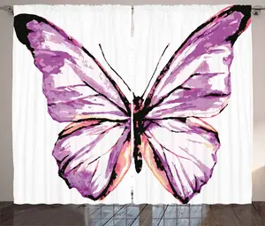 Штора ABAKUHAUS "Анималистика в деревенском стиле", крылья бабочки, присборенная штора из тесьмы для спальни с петлями и крючками, 280 x 175 см, цвет: фиолетовый, лосось, черный Abakuhaus