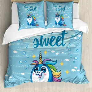 Пододеяльник ABAKUHAUS Unicorn, пингвин и море, защита от клещей, подходит для аллергиков, с наволочками, 155 см x 220 см - 80 x 80 см, синий Abakuhaus