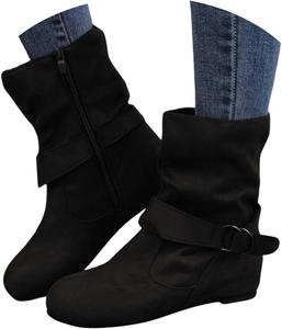 Женские свободные ботинки с мягким верхом, с круглым носком, без застежки с кольцевой пряжкой, повседневные плоские ботинки Generic, Black