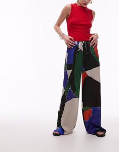 Широкие брюки Topshop из атласа с завязкой на талии и геометрическим принтом оранжевого и синего цвета
