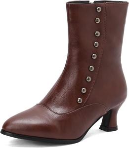 Женские западные нарядные ботильоны до щиколотки с боковой молнией, украшенные заклепками, с заостренным носком, маленьким каблуком и коротким дизайном JOEUSTY, Brown