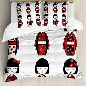 Пододеяльник ABAKUHAUS в этническом стиле, с изображением кукол-гейш, с защитой от клещей, подходит для аллергиков, с наволочками, 200 x 200 см - 80 x 80 см, черно-красный Abakuhaus