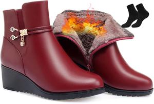 Generic Женские черные ботильоны на танкетке, элегантные женские ботинки, мягкая кожаная платформа, боковая молния, блестящие стразы, подкладка из меха, утепленные зимние ботинки